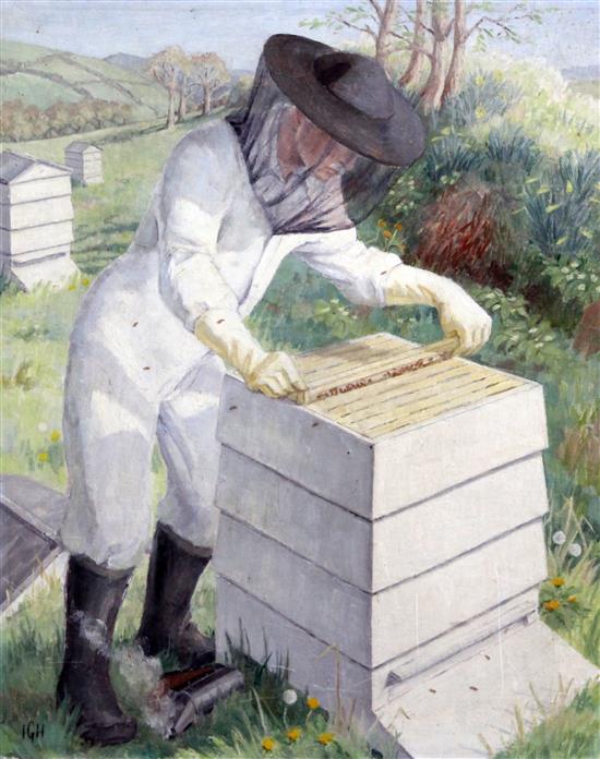 Modern British Beekeeper and hive 20 x 16in., unframed